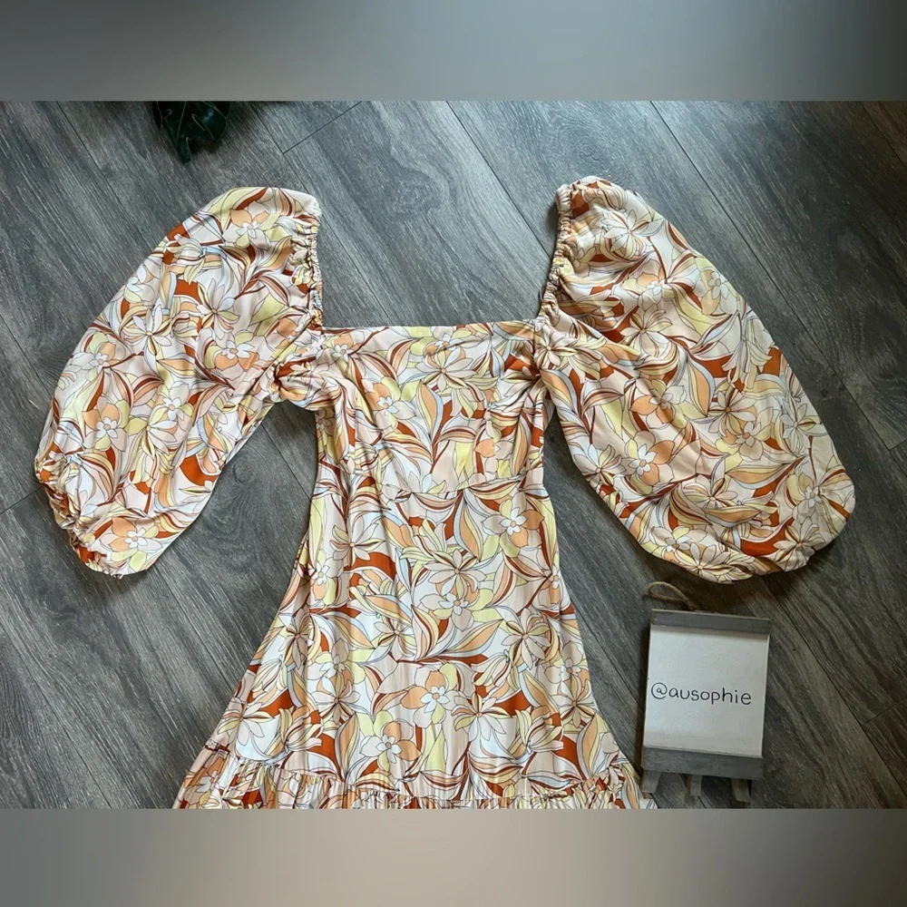 L*Space Bahia Balloon Sleeve Bohemian Cream & Orange Floral Tiered Maxi Dress XS